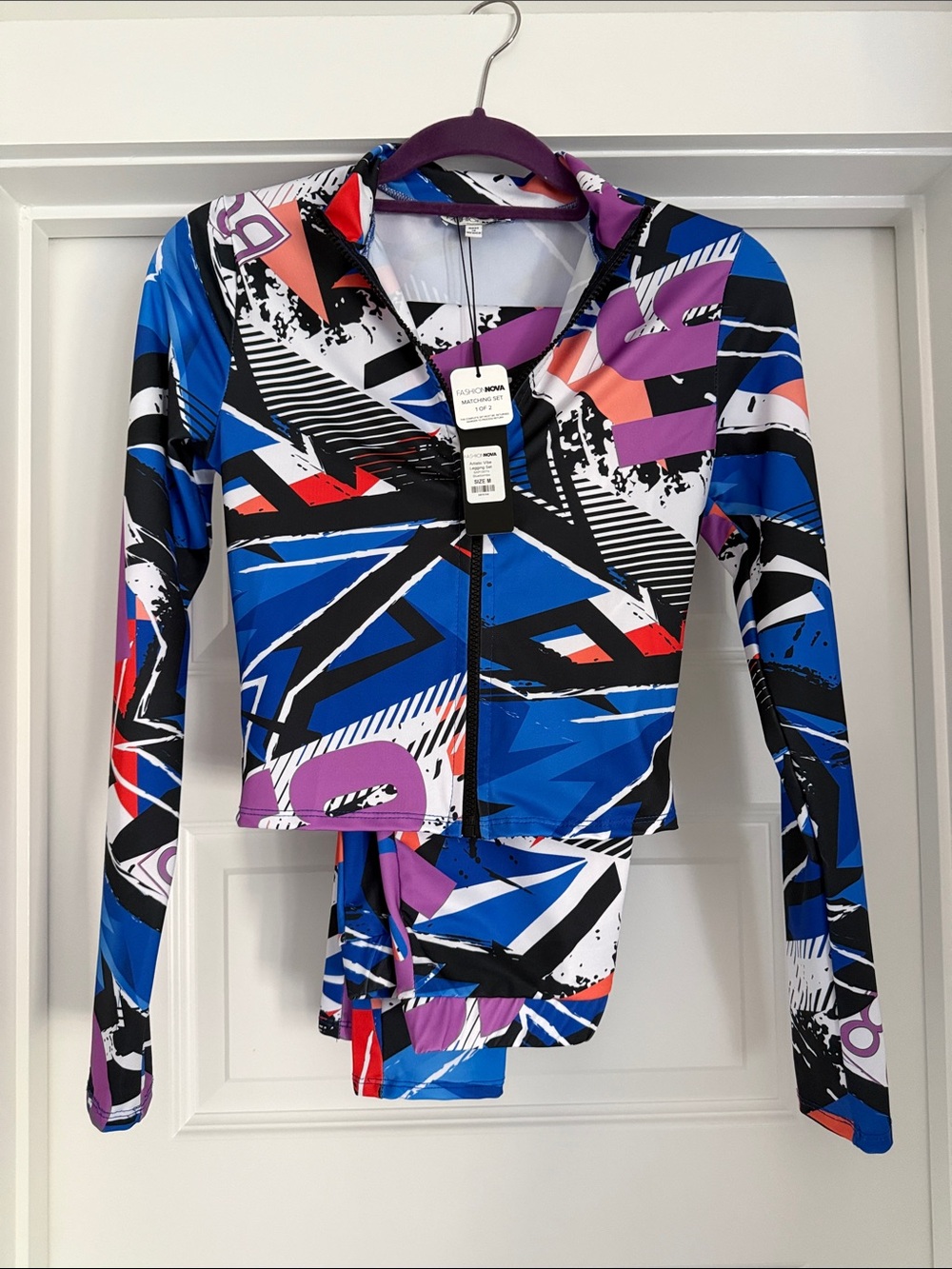 Fashion Nova Blue Multicolor Zip-Front Leggings Set
